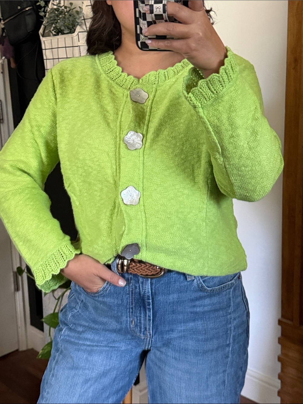 Vintage Willow Lime Green 100% Cotton Shell Flower Button Cardigan. M
